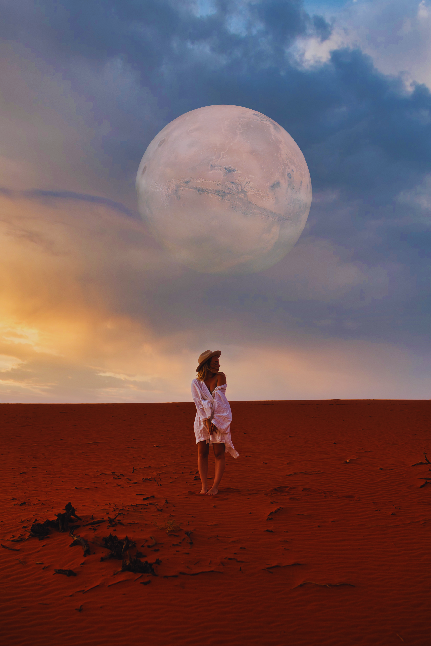 Woman at Desert with Full Moon